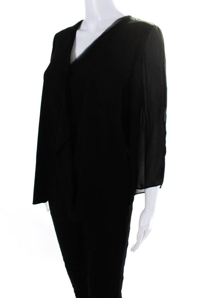 Tahari Womens Raw Hem Chiffon Long Sleeve Surplice Top Blouse Black Size Small