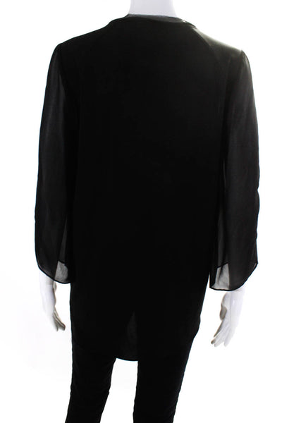 Tahari Womens Raw Hem Chiffon Long Sleeve Surplice Top Blouse Black Size Small