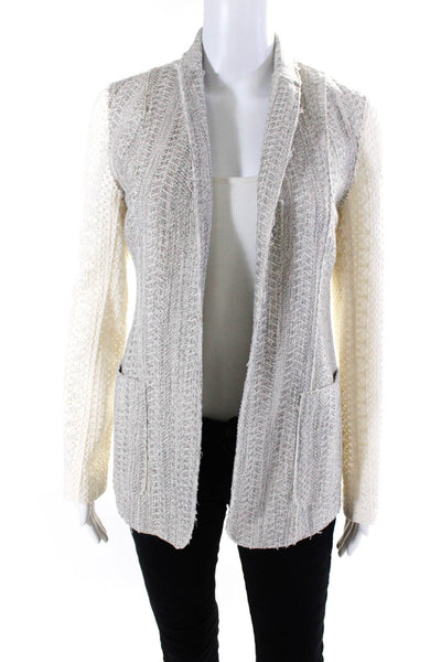 Elie Tahari Womens Woven Boucle Open Front Jacket Gray Ivory Size Small