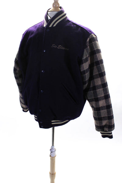 Six Eleven Men's Wool Plaid Snap Closure Varsity Jacket Purple Size L
