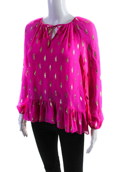 Lily Pulitzer Womens Silk Metallic Spot Long Sleeve Ruffled Blouse Pink Size 2XS