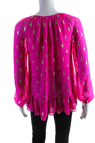 Lily Pulitzer Womens Silk Metallic Spot Long Sleeve Ruffled Blouse Pink Size 2XS