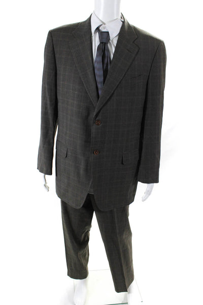 Canali Mens Wool Glen Print Striped Buttoned Blazer Pants Set Brown Size EUR58R
