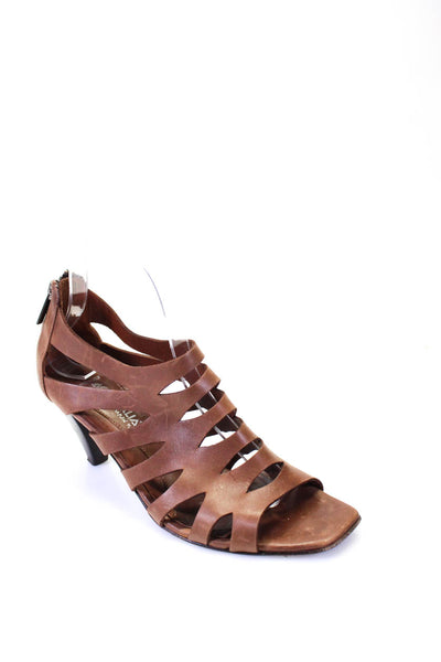 Aquatalia By Marvin K Women's Leather Peep Toe Caged Cutout Heels Brown Size 8.5