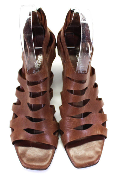 Aquatalia By Marvin K Women's Leather Peep Toe Caged Cutout Heels Brown Size 8.5