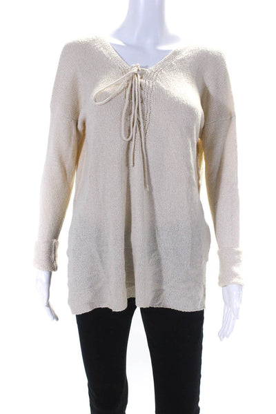 ASTR Women's Long Sleeve V-Neck Lace Up Relaxed Fit Knit Blouse Beige Size XS