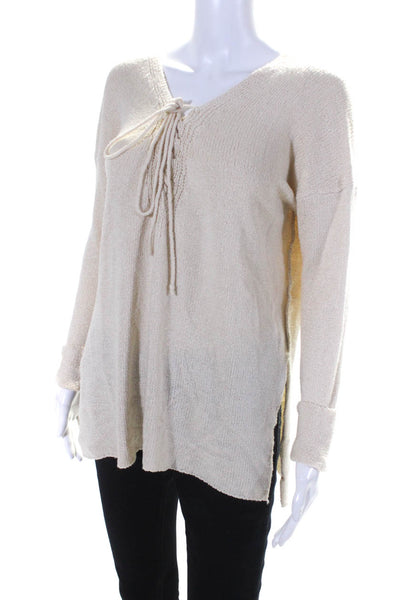 ASTR Women's Long Sleeve V-Neck Lace Up Relaxed Fit Knit Blouse Beige Size XS