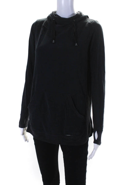 Blanc Noir Womens Pullover Drawstring Knit Hoodie Sweater Black Size Small