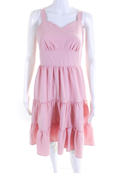 Belle Poque Womens Pink V-Neck Sleeveless Smocked Back Lined Tiered Dress Size M