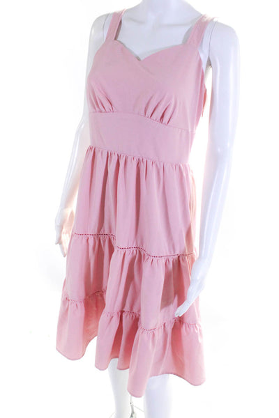 Belle Poque Womens Pink V-Neck Sleeveless Smocked Back Lined Tiered Dress Size M