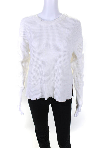 Pistola Womens Pullover Distressed Trim Scoop Neck Sweater White Cotton Size XS