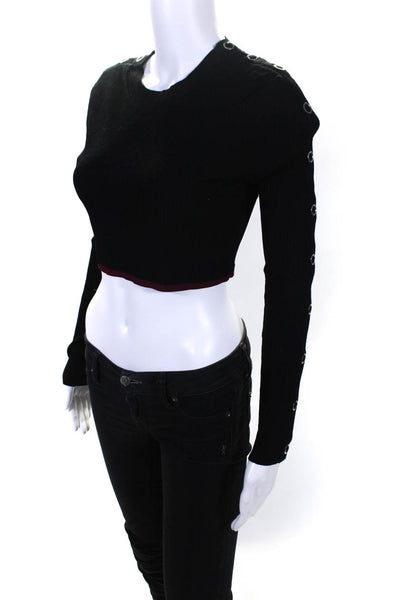 ALC Womens Long Sleeve Button Trim Ribbed Cropped Shirt Black Size Small