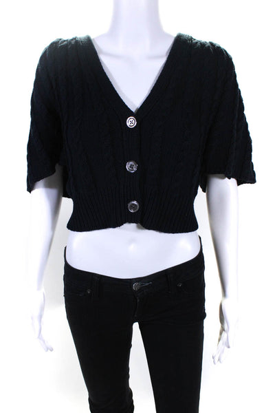 DKNY Womens Three Button Cable Knit Cropped Cardigan Sweater Navy Blue Small