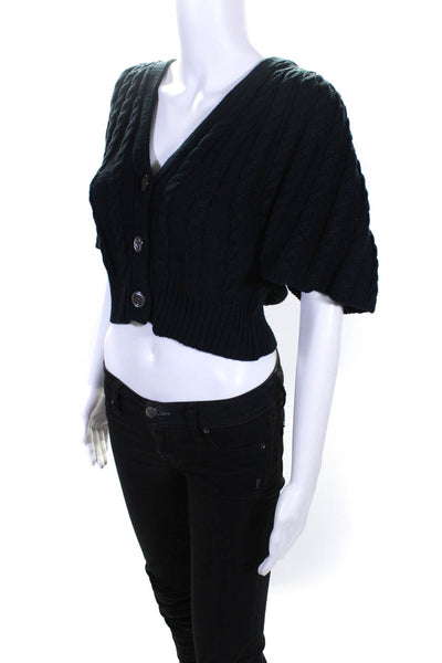 DKNY Womens Three Button Cable Knit Cropped Cardigan Sweater Navy Blue Small