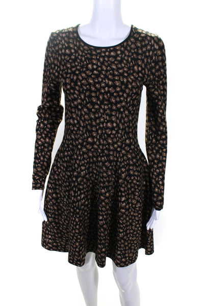 DKNY Womens Long Sleeve Leopard Print Knit Flare Dress Black Brown Size Petite