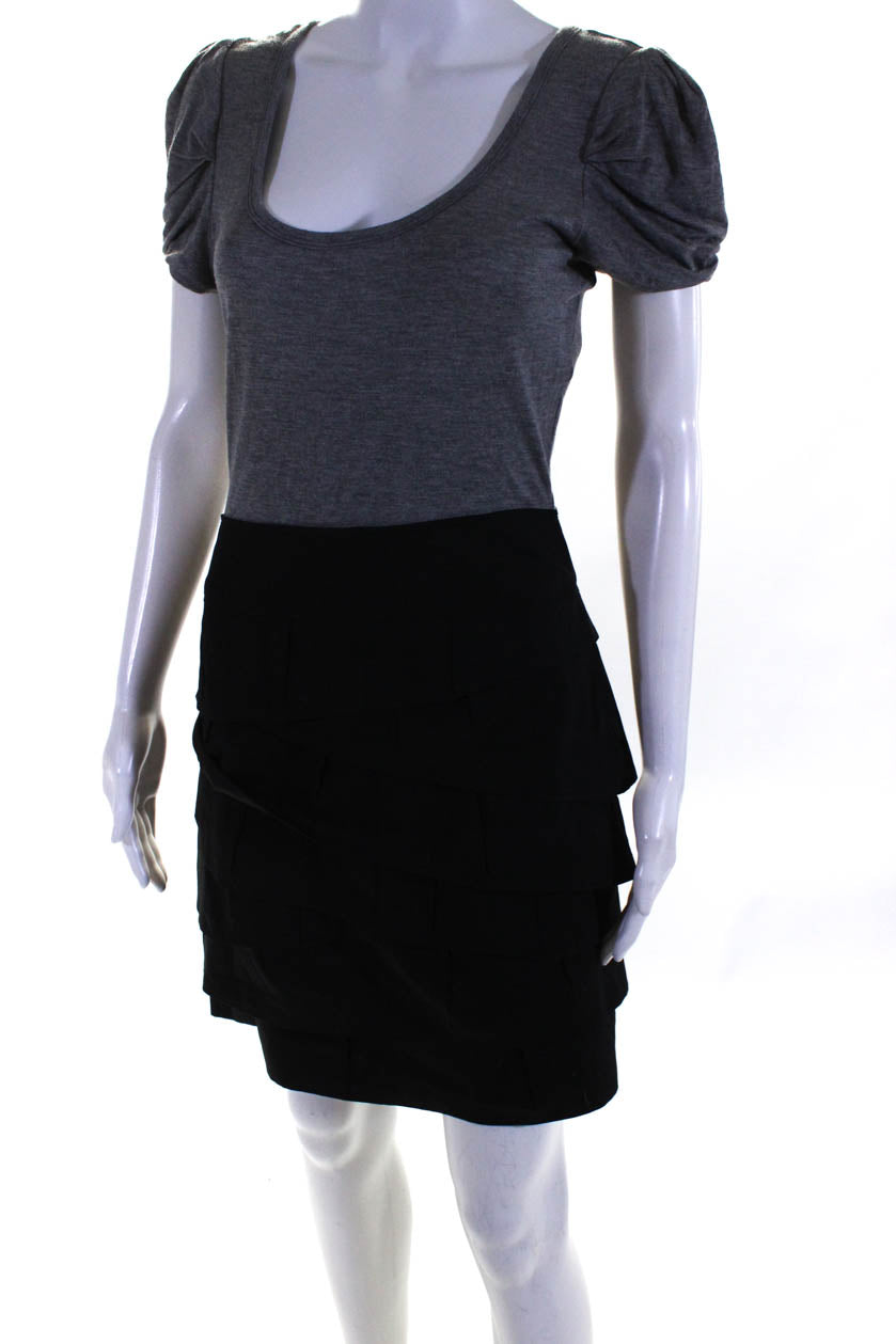 BCBG Max Azria Womens Puffy Sleeves Tiered Dress Gray Black Cotton