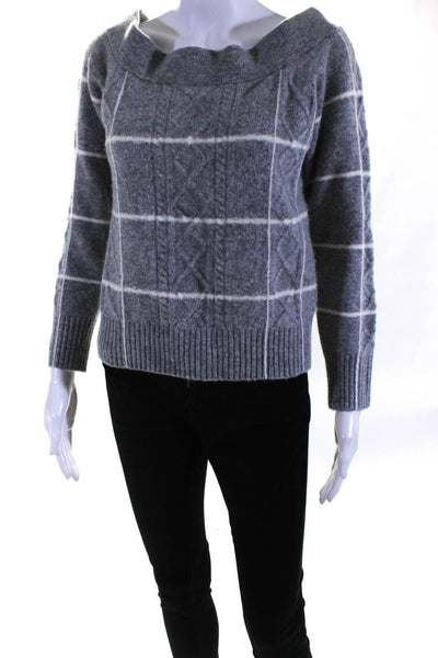 DH Womens Grid Print Off The Shoulder Long Sleeve Sweater Top Gray Size S