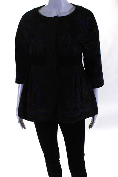 DKNY Womens Embroidered Round Neck 3/4 Sleeve Snap Close Jacket Black Size S