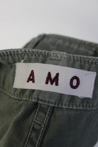 Amo Womens Button Fly High Rise Straight Leg Pants Green Cotton Size 25