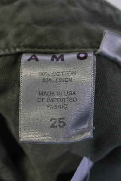 Amo Womens Button Fly High Rise Straight Leg Pants Green Cotton Size 25
