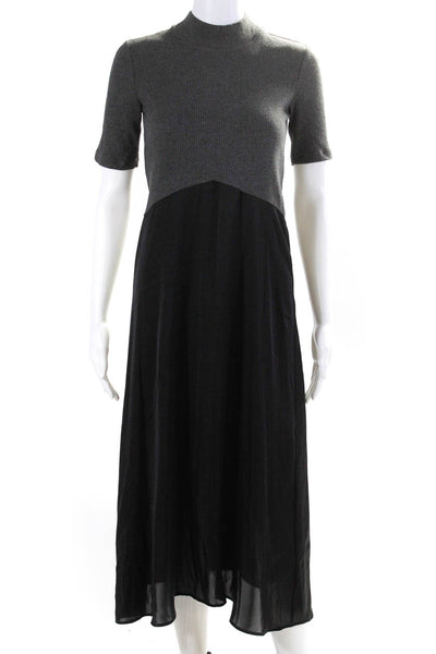 Zara Womens Two-Toned Ribbed Short Sleeve High Neck Maxi Dress Gray Size S