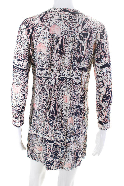 Tiny Petites Womens Abstract Print Long Sleeve Button Up Dress Navy Size XSP