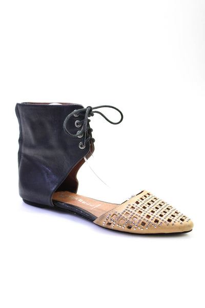 Jeffrey Campbell Women's Leather Studded Cutout Lace Up Flats Beige/Black Size 7