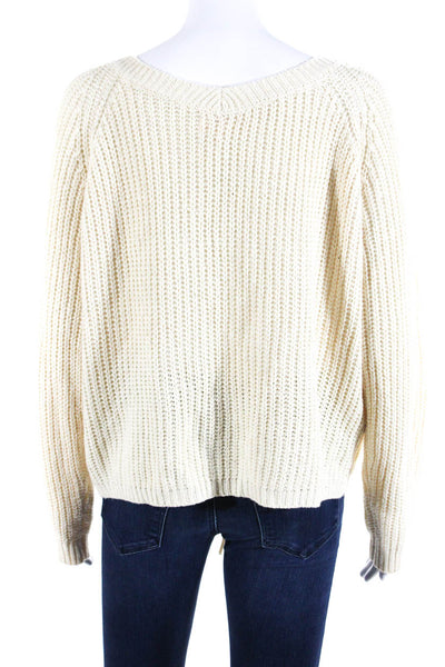 A.Peach Women's Chunky Knit Long Sleeve V-Neck Gathered Sweater Beige Size M