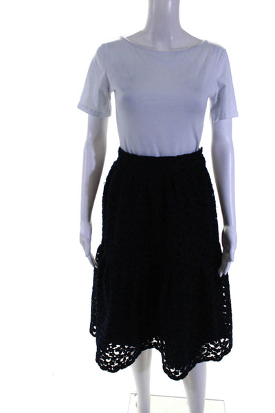 Zaikamoya Womens Floral Embroidered Tiered Button Up Midi Skirt Navy Size M