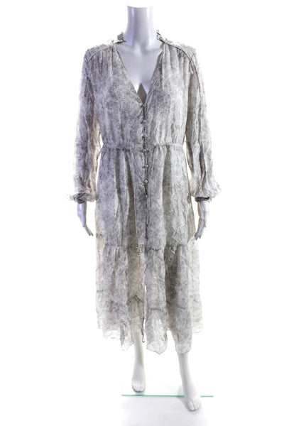 Intermix Womens Silk Chiffon Snakeskin Print V-Neck Maxi Dress White Gray Size 8
