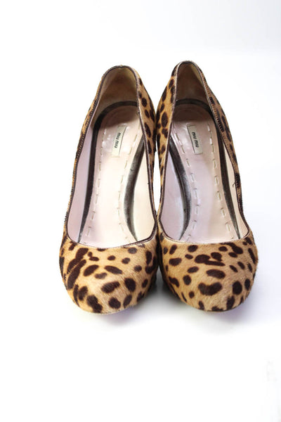 Miu Miu Womens Pony Hair Cheetah Print Round Stiletto Heels Pumps Brown Size 9.5