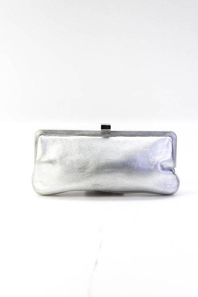 Lambertson Truex Womens Leather Metallic Kiss Lock Clutch Handbag Silver Small