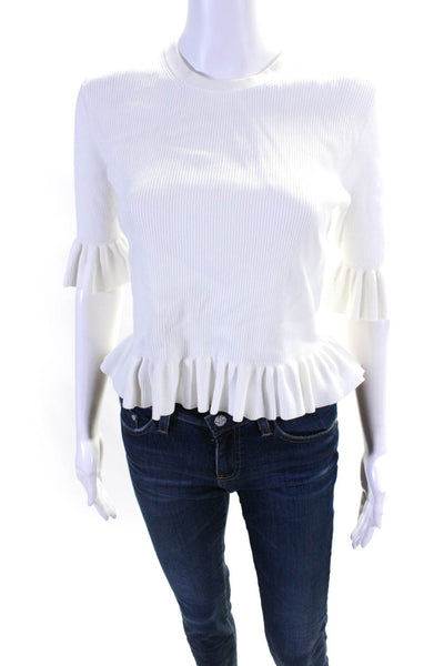 Michael Kors Collection Womens Crewneck Short Sleeves Ribbed Blouse White Size L