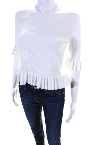 Michael Kors Collection Womens Crewneck Short Sleeves Ribbed Blouse White Size L