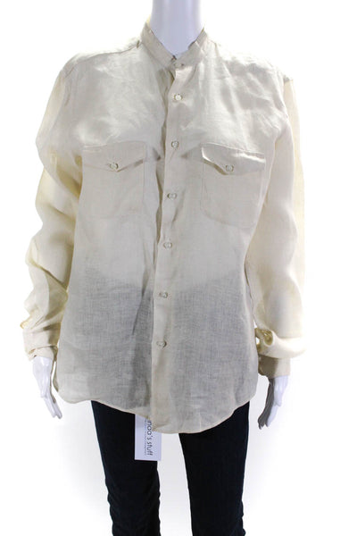 Peninsula Women's Round Neck Long Sleeves Cotton Button Down Shirt Beige Size M