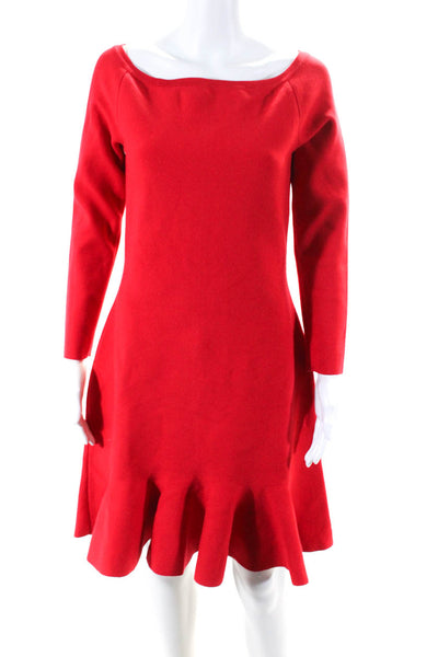 Oscar de la Renta Women's Boat Neck Long Sleeves A-Line Mini Dress Red Size L