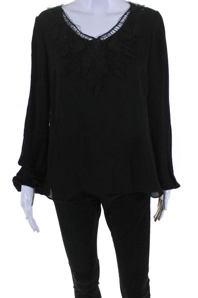 Elie Tahari Womens Long Sleeve Floral Lace Trim Y Neck Top Blouse Black Small