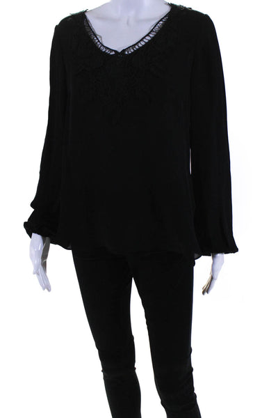 Elie Tahari Womens Long Sleeve Floral Lace Trim Y Neck Top Blouse Black Small