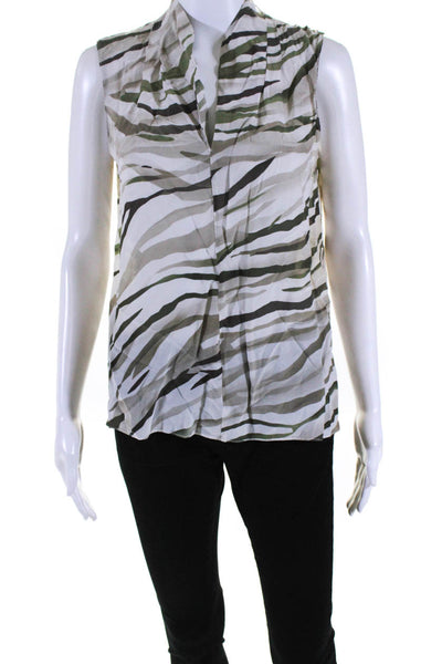 Elie Tahari Womens V Neck Striped Sleeveless Top Blouse Ivory Green Size Small