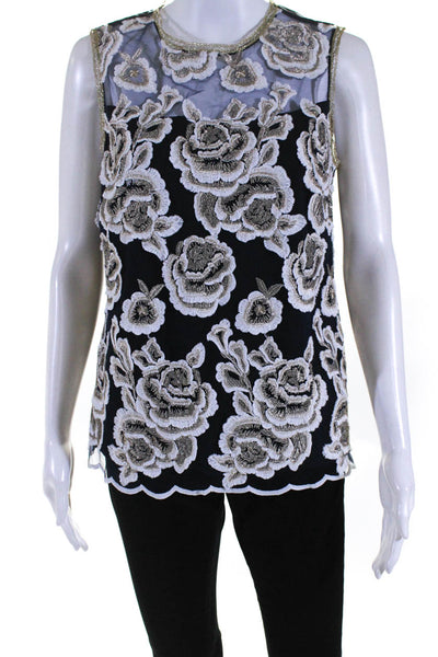 T Tahari Womens Metallic Embroidered Rose Sleeveless Top Blouse Navy White Small