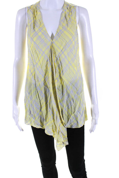 Elie Tahari Womens Plaid Sleeveless Waterfall Top Blouse Blue Yellow Size Small