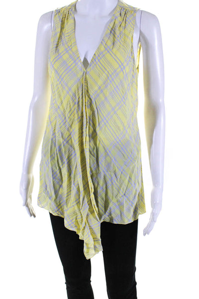 Elie Tahari Womens Plaid Sleeveless Waterfall Top Blouse Blue Yellow Size Small