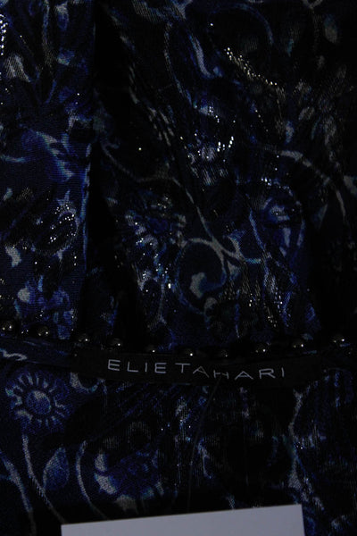 Elie Tahari Womens Pleated Jacquard Chiffon Sleeve Top Blouse Black Blue Small