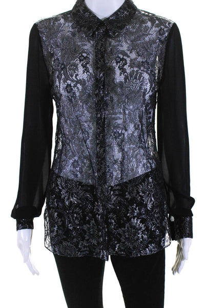 Elie Tahari Womens Metallic Lace Chiffon Button Up Top Blouse Black Blue Small