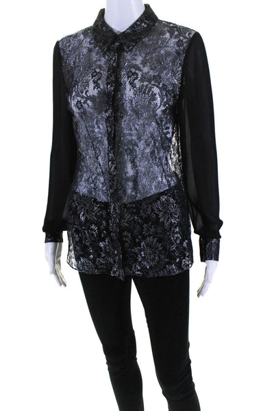 Elie Tahari Womens Metallic Lace Chiffon Button Up Top Blouse Black Blue Small