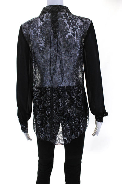 Elie Tahari Womens Metallic Lace Chiffon Button Up Top Blouse Black Blue Small