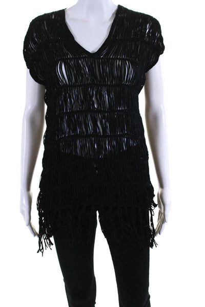 Elie Tahari Womens Knit Sleeveless V Neck Net Fringe Top Blouse Black Size Small