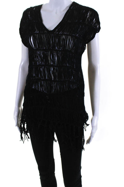 Elie Tahari Womens Knit Sleeveless V Neck Net Fringe Top Blouse Black Size Small