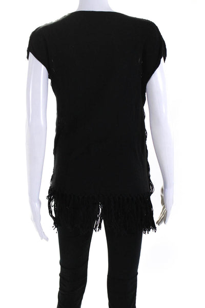 Elie Tahari Womens Knit Sleeveless V Neck Net Fringe Top Blouse Black Size Small