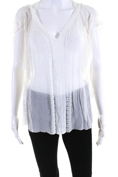 Elie Tahari Womens Chiffon Embroidery V Neck Short Sleeve Top Blouse White Small